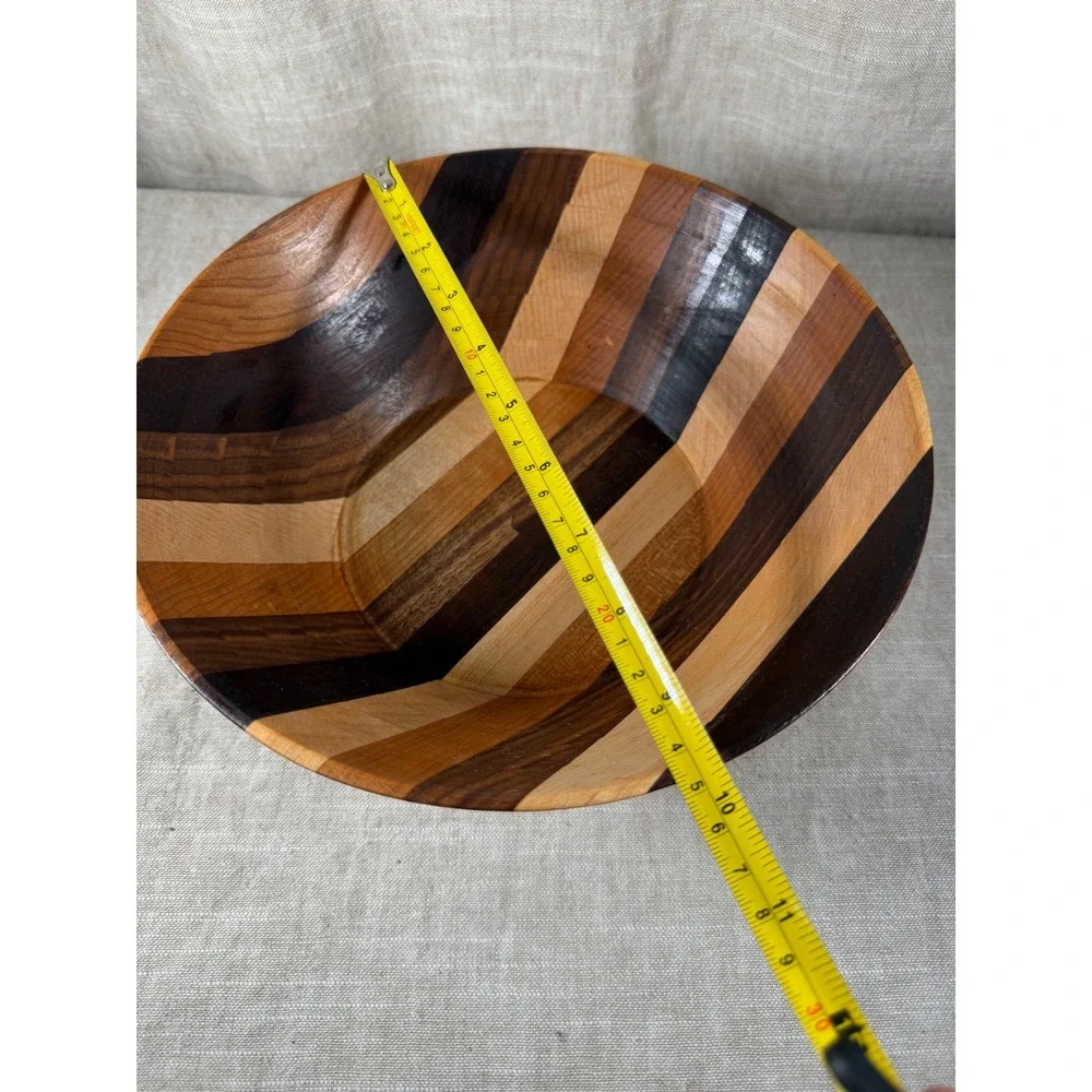 Wooden Striped Bowl Good Vintage Handcrafted Mixed Wood Inlay Geometric 9.5in